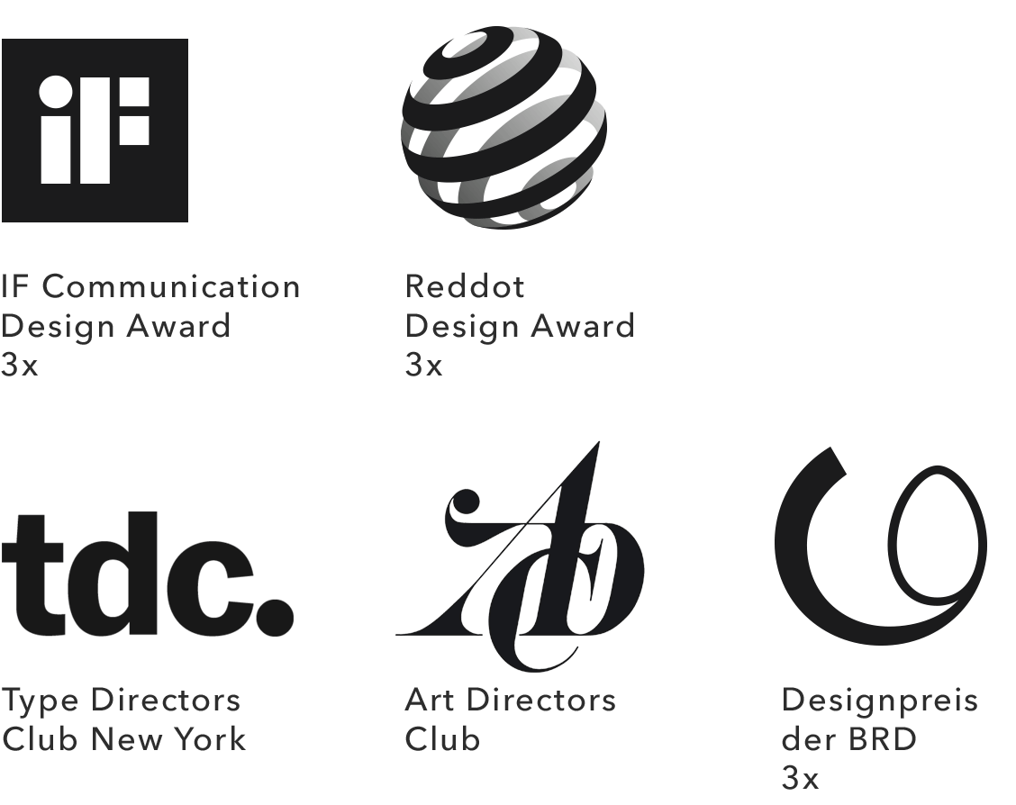 Designpreise Auszeichnungen: Type Directors Club New York, Art Directors Club Germany, IF Design Award, Red Dot Award, Designpreis der Bundesrepublik Deutschland, 100 beste Plakate